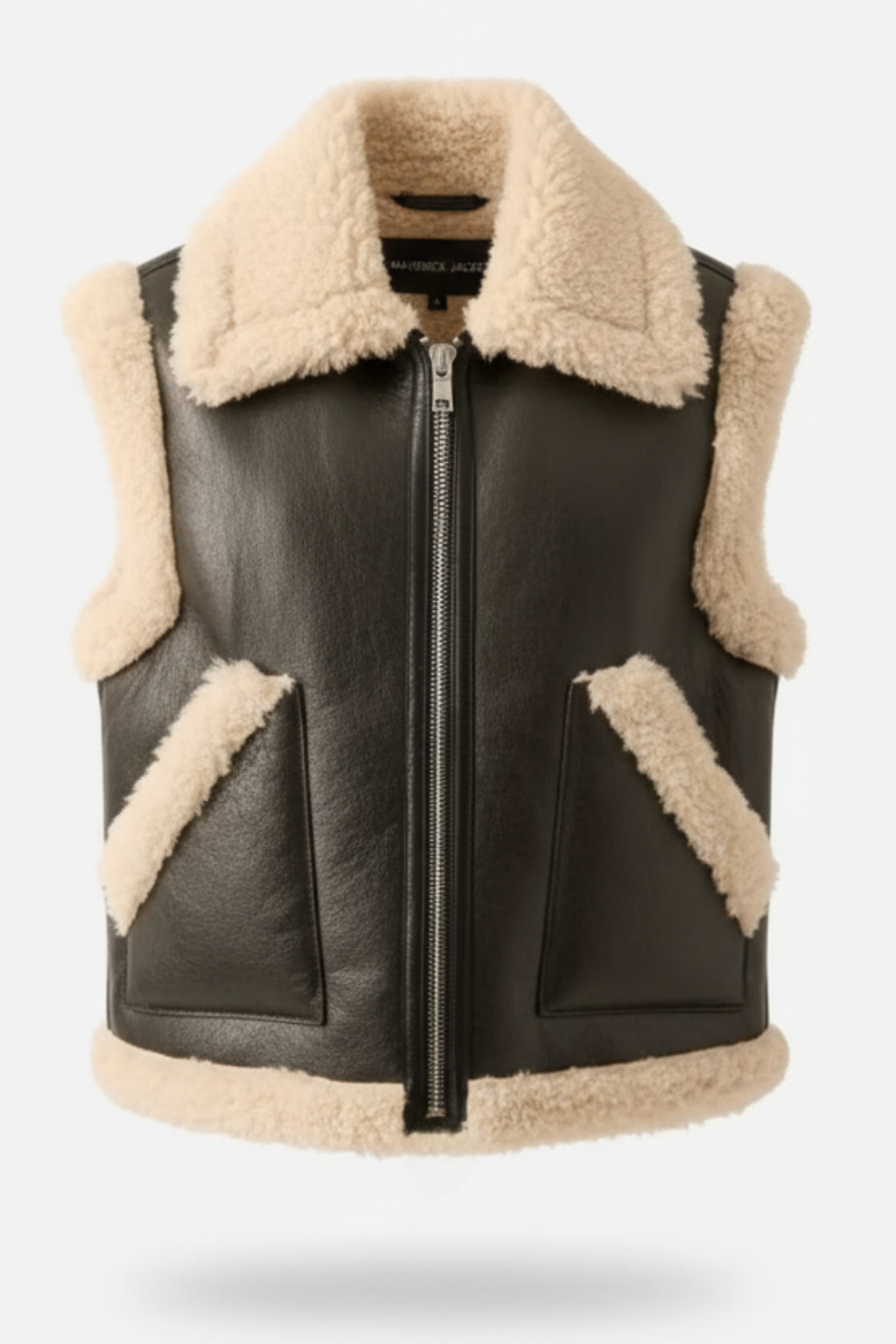 Women's black shearling biker vest with cream wool trim and triangular patch pockets, Front View. The Clara by Maverick Jacket.