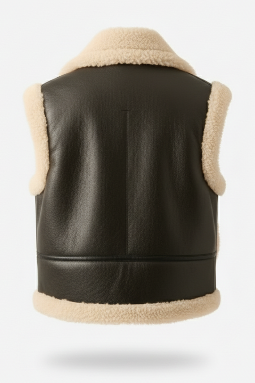 Rear view of black shearling biker vest showing vertical center seam and cream wool hem trim. The Clara by Maverick Jacket.