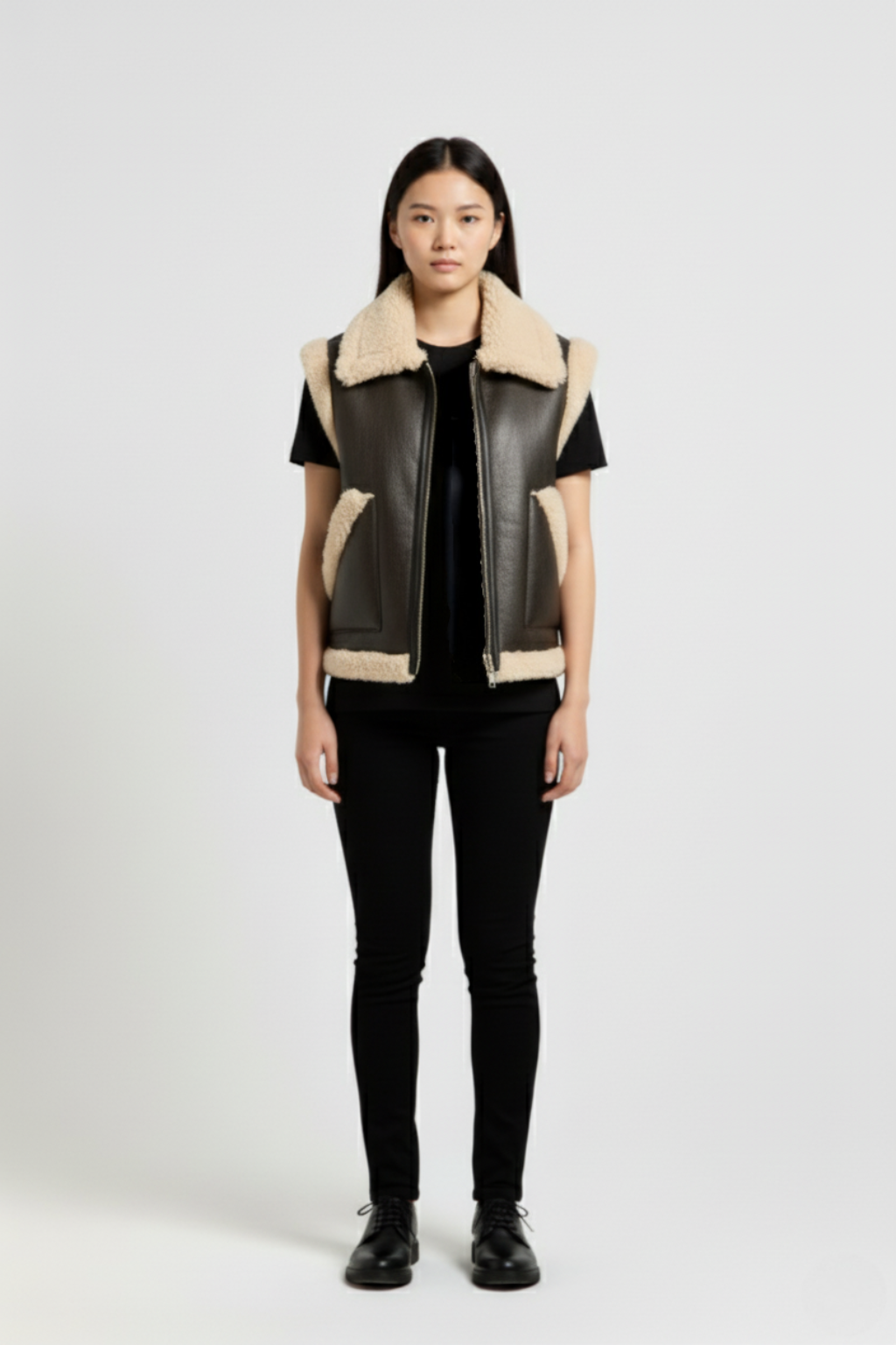 Female model wearing Maverick Clara shearling vest, relaxed fit, styled with black skinny trousers and black leather derby shoes. Maverick Jacket.