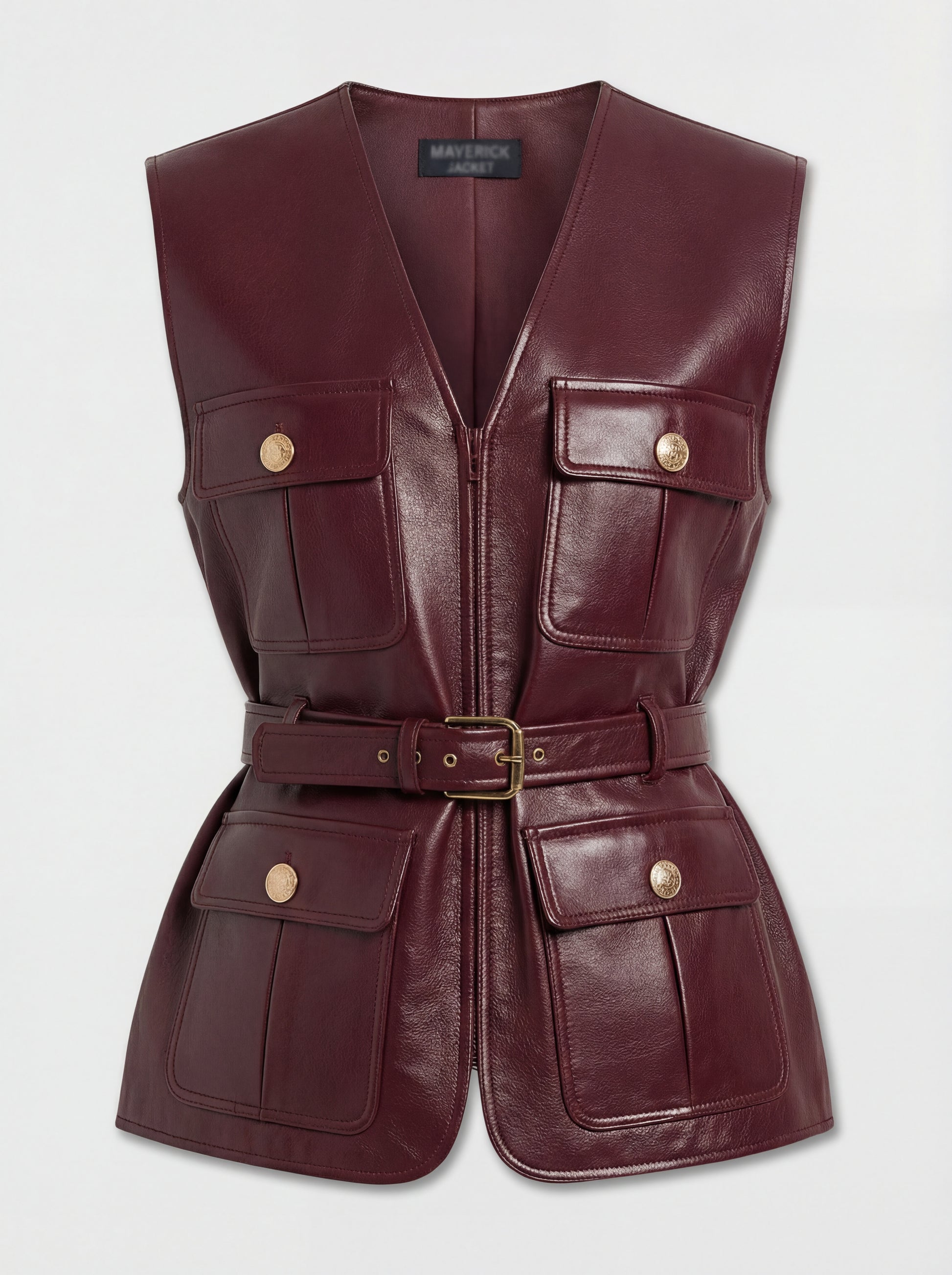 Women's burgundy leather utility vest with four patch pockets and gold button hardware, Front View. The Victoria by Maverick Jacket.
