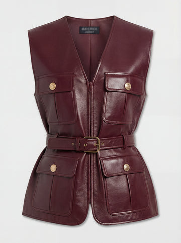Women's burgundy leather utility vest with four patch pockets and gold button hardware, Front View. The Victoria by Maverick Jacket.