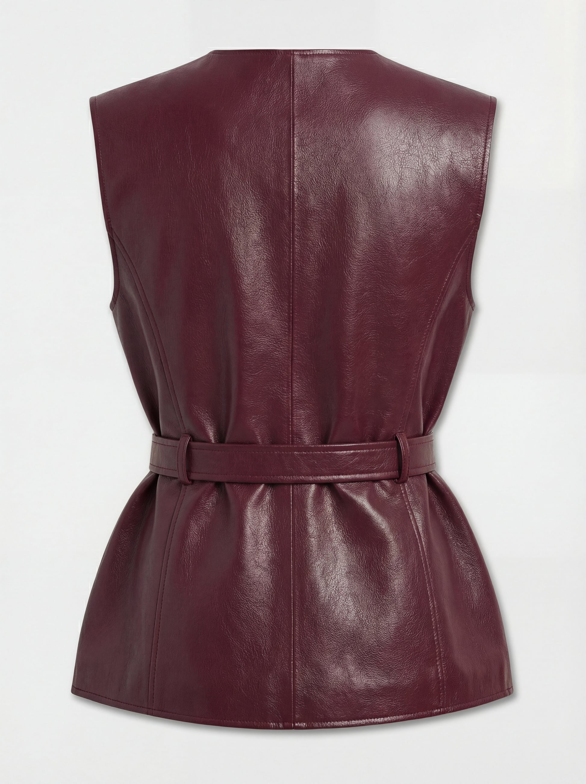 Rear view of burgundy leather utility vest showing vertical back seam and belted waist construction. The Victoria by Maverick Jacket.