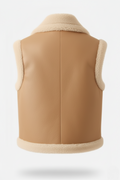 Rear view of tan leather shearling vest showing vertical center seam and cream wool hem trim. The Clara by Maverick Jacket.