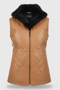 Women's tan quilted leather vest with black fur collar and diamond stitching, Front View. The Isabelle by Maverick Jacket.