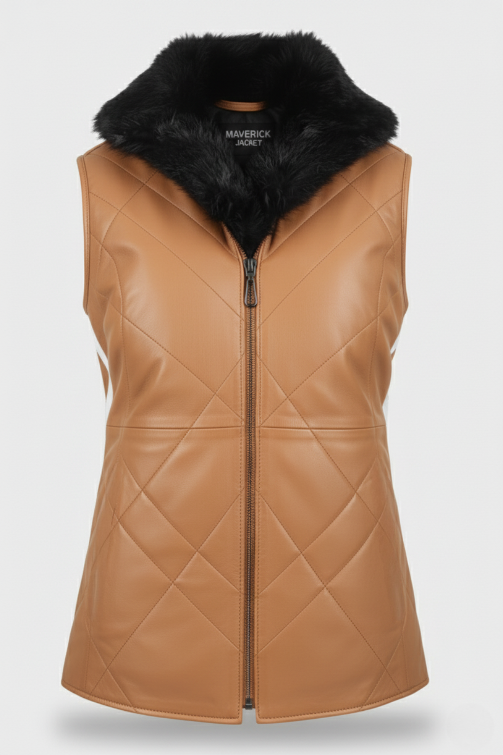 Women's tan quilted leather vest with black fur collar and diamond stitching, Front View. The Isabelle by Maverick Jacket.
