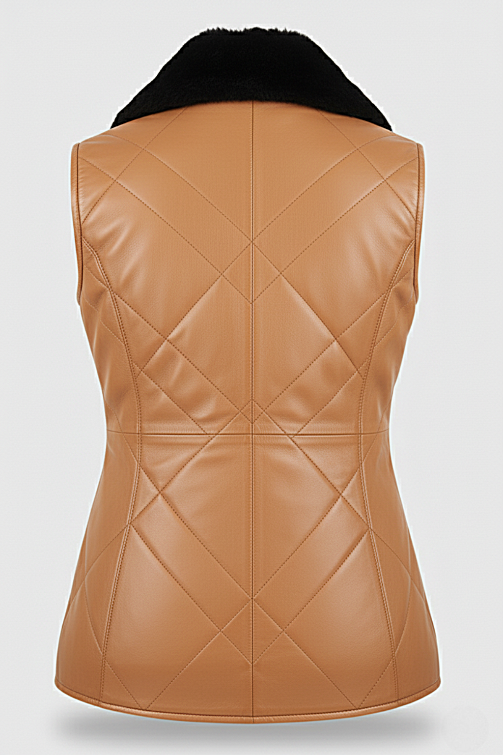 Rear view of tan quilted leather vest showing symmetric diamond quilting and vertical center seam. The Isabelle by Maverick Jacket.