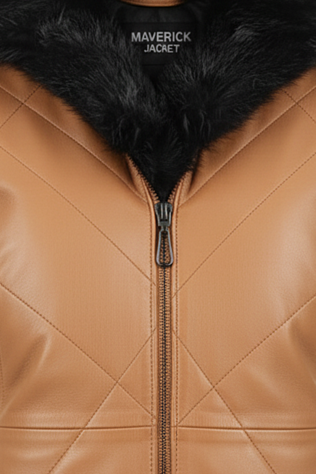 Macro shot of tan diamond quilted leather texture and black fur collar detail on vest. The Isabelle by Maverick Jacket.