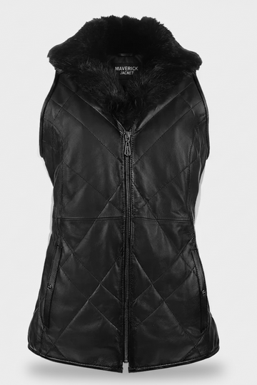 Women's black quilted leather vest with black fur collar and diamond stitching, Front View. The Isabelle by Maverick Jacket.