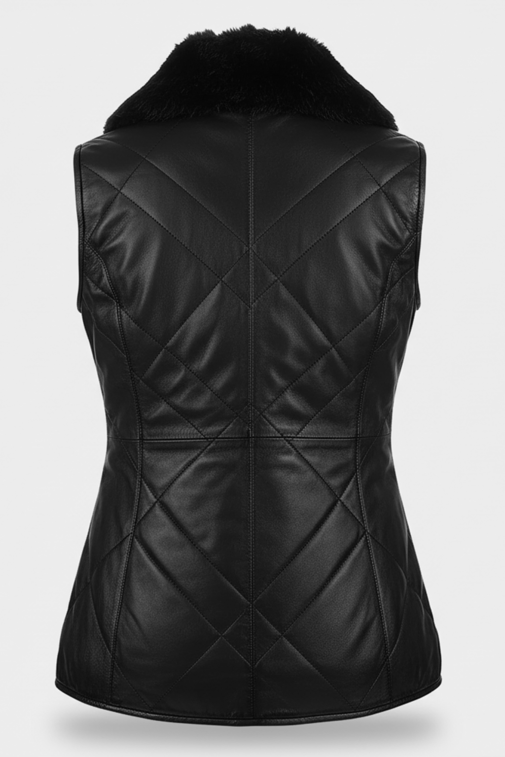 Rear view of black quilted leather vest showing symmetric diamond quilting and vertical center seam. The Isabelle by Maverick Jacket.