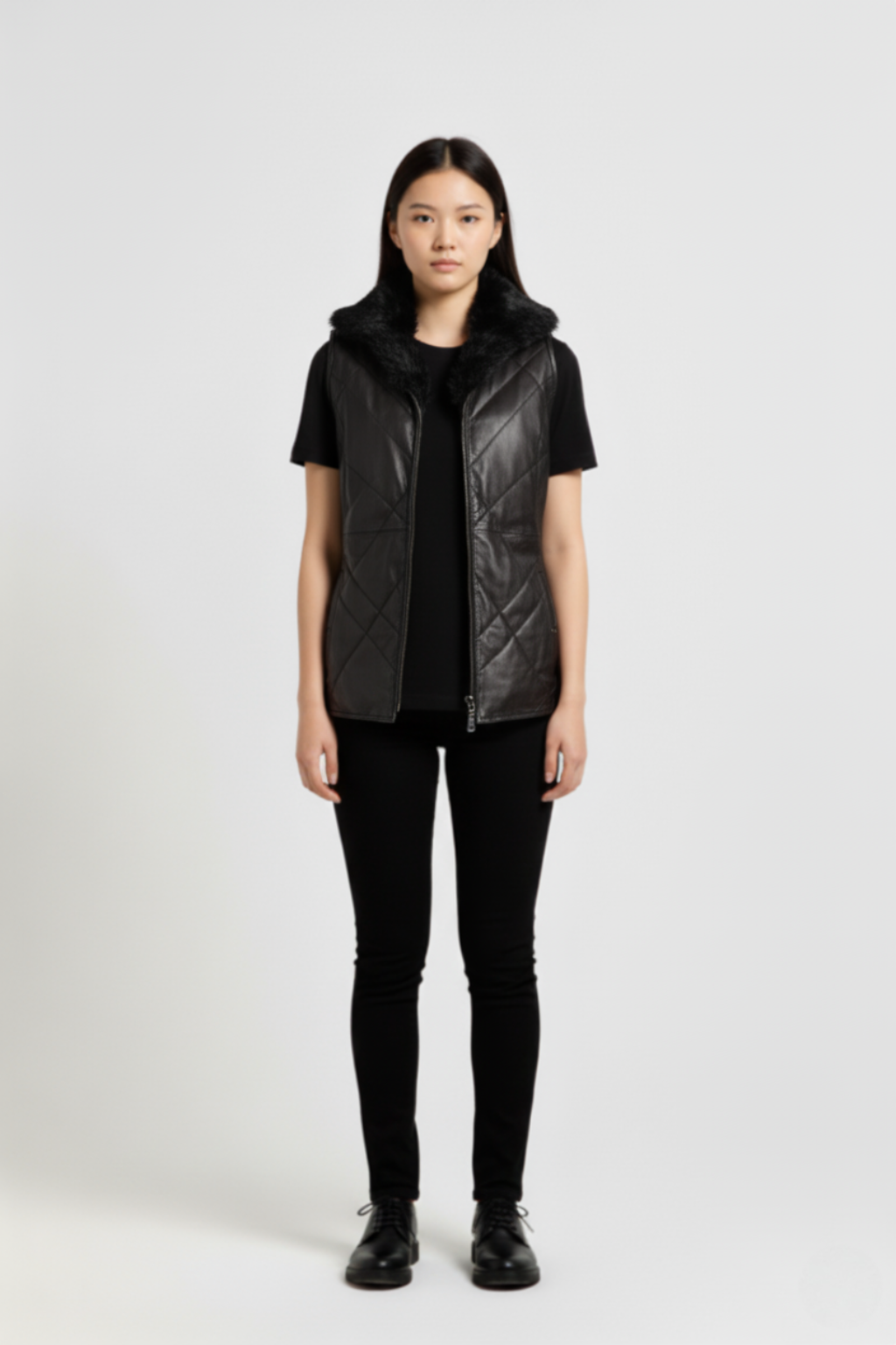 Female model wearing Maverick Isabelle quilted vest, fitted silhouette, styled with black t-shirt and black skinny trousers. Maverick Jacket.