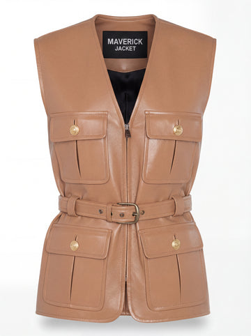 Tan Leather Utility Vest | Maverick Victoria