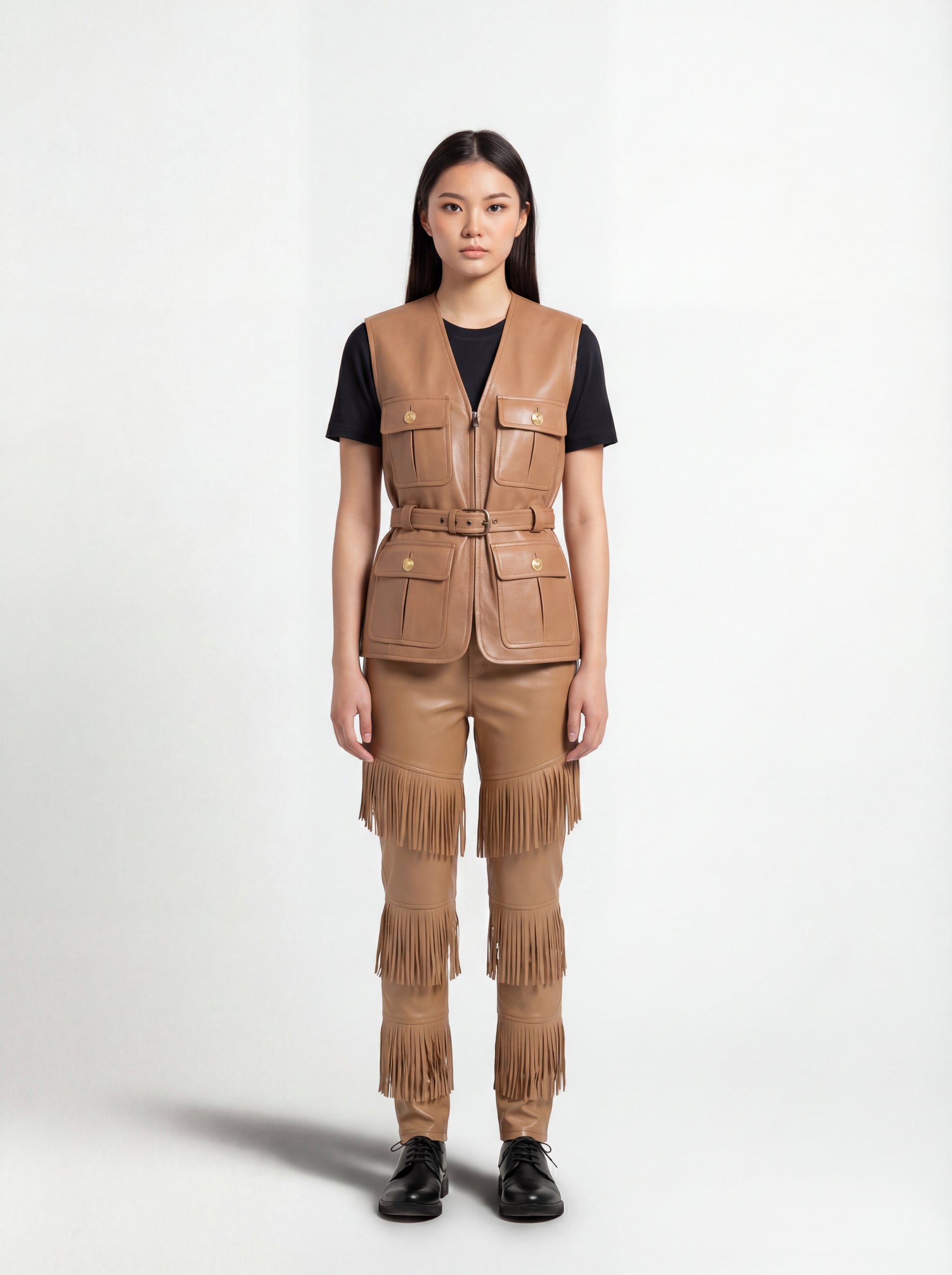 Female model wearing Maverick Victoria tan leather utility vest, tailored fit, styled with Maverick Stevie black leather fringe pants. Maverick Jacket.