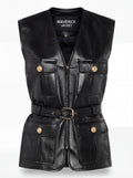 Women's black leather utility vest with four patch pockets and gold button hardware, Front View. The Victoria by Maverick Jacket.
