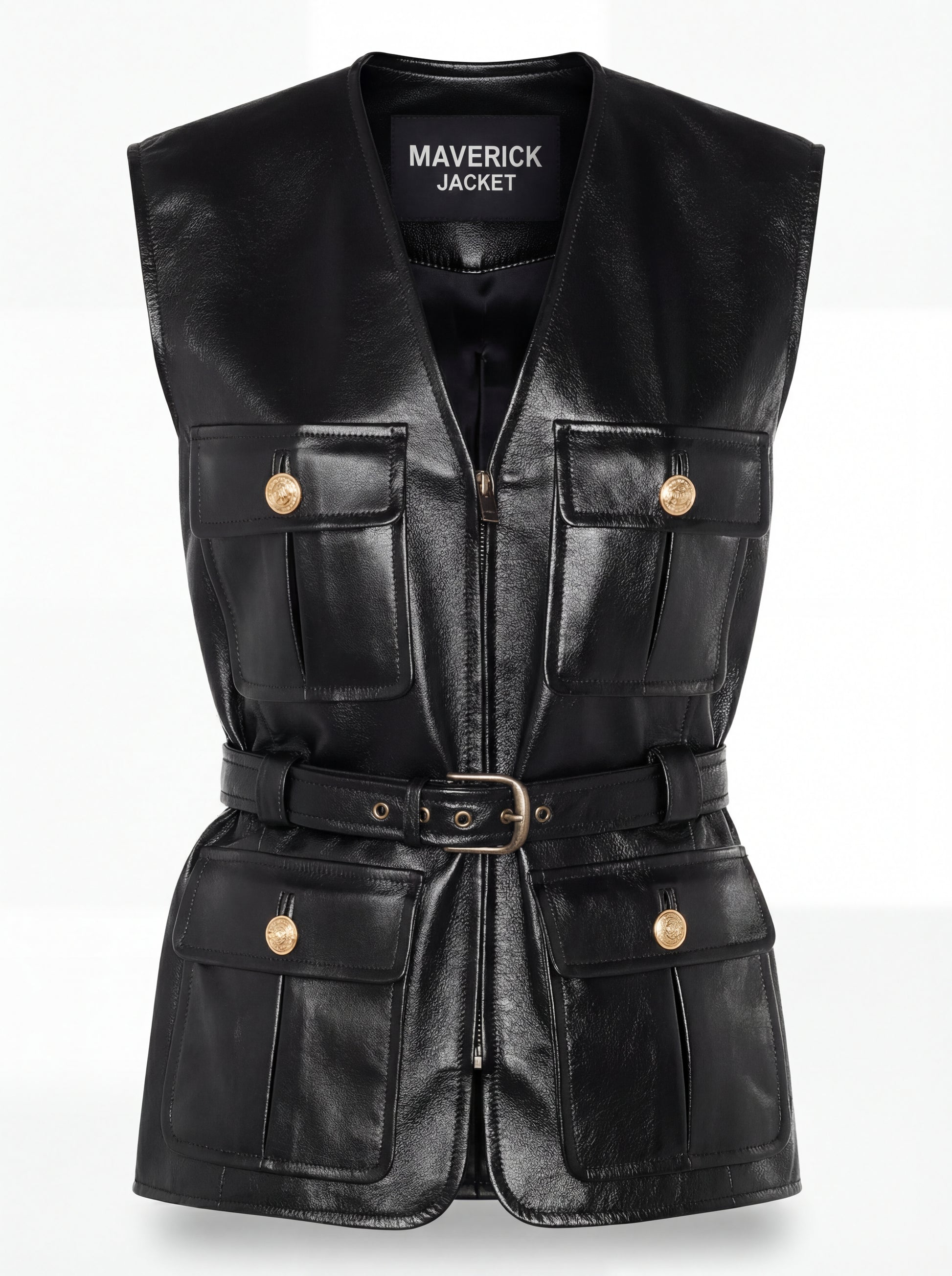 Women's black leather utility vest with four patch pockets and gold button hardware, Front View. The Victoria by Maverick Jacket.