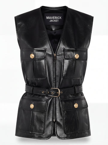 Women's black leather utility vest with four patch pockets and gold button hardware, Front View. The Victoria by Maverick Jacket.