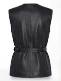 Rear view of black leather utility vest showing vertical back seam and belted waist construction. The Victoria by Maverick Jacket.