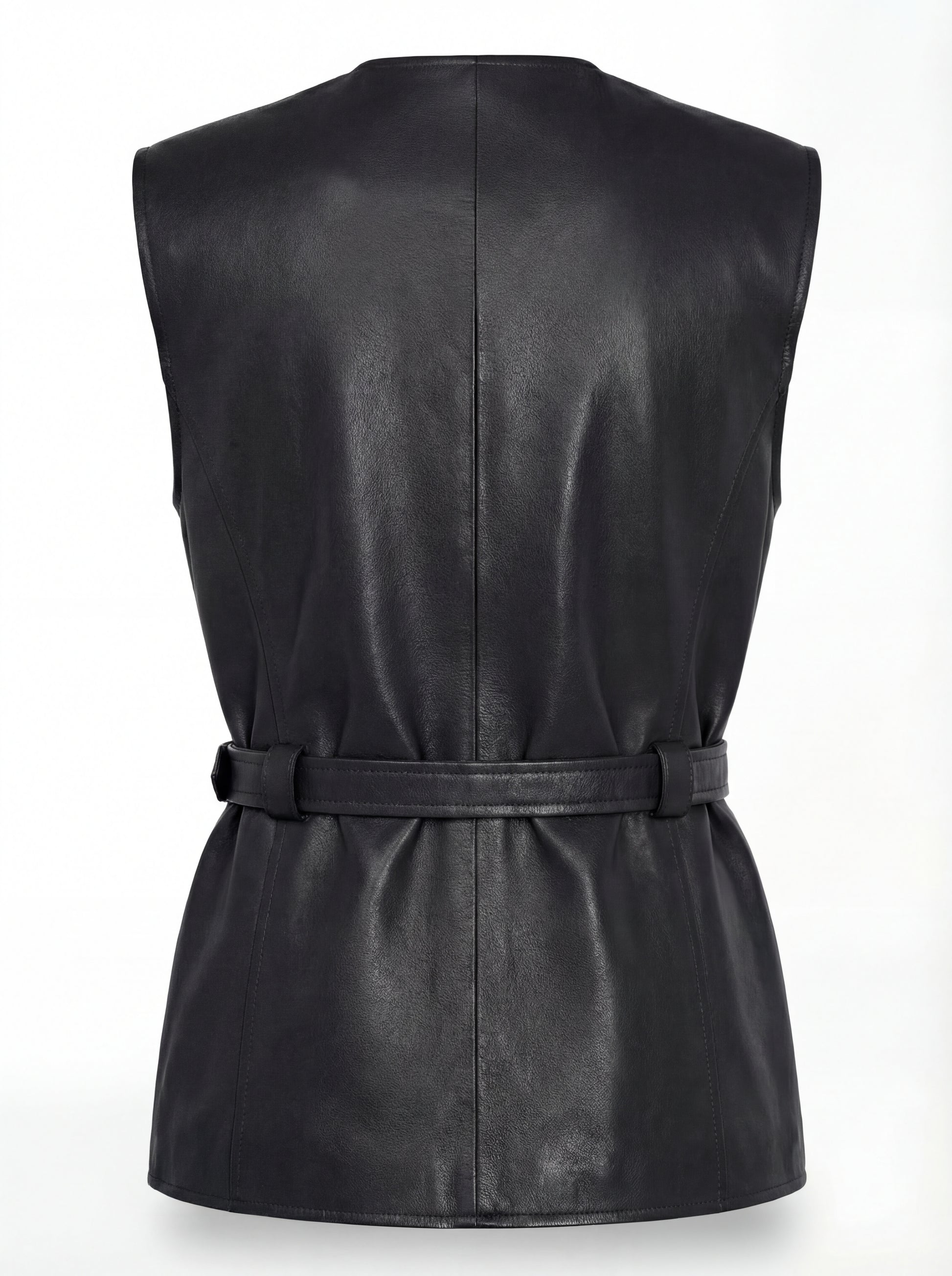 Rear view of black leather utility vest showing vertical back seam and belted waist construction. The Victoria by Maverick Jacket.