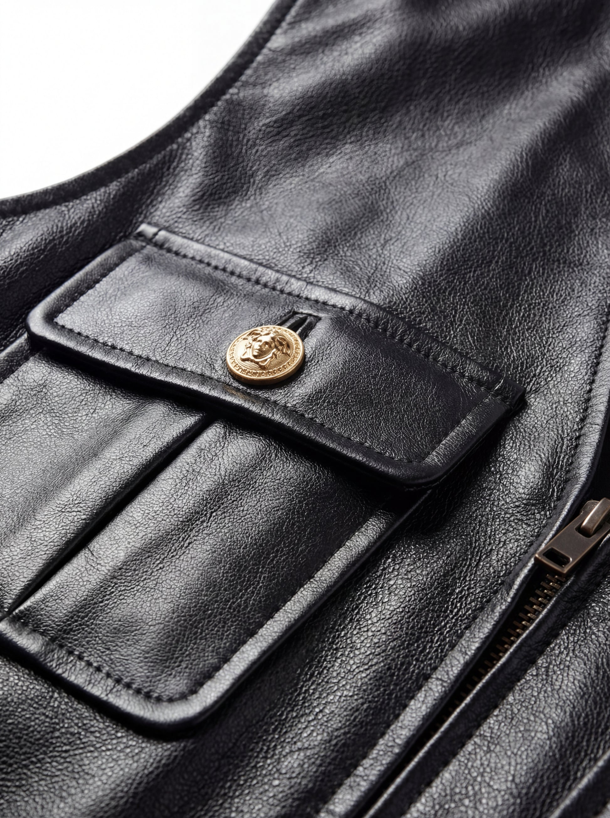 Macro shot of black leather grain texture and gold embossed button detail on utility vest. The Victoria by Maverick Jacket.