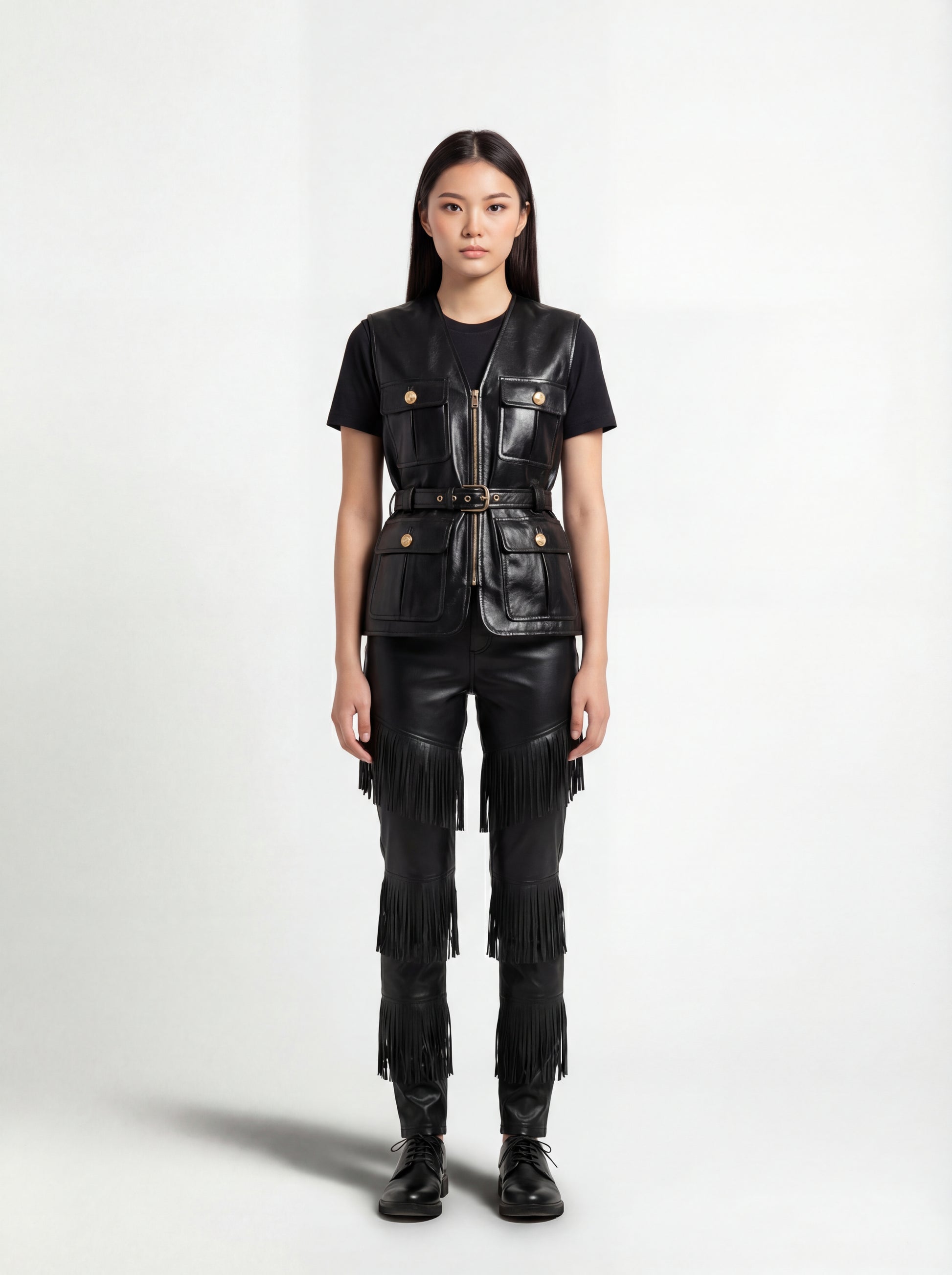 Female model wearing Maverick Victoria utility black leather vest, tailored fit, styled with Maverick Stevie black leather fringe pants. Maverick Jacket.