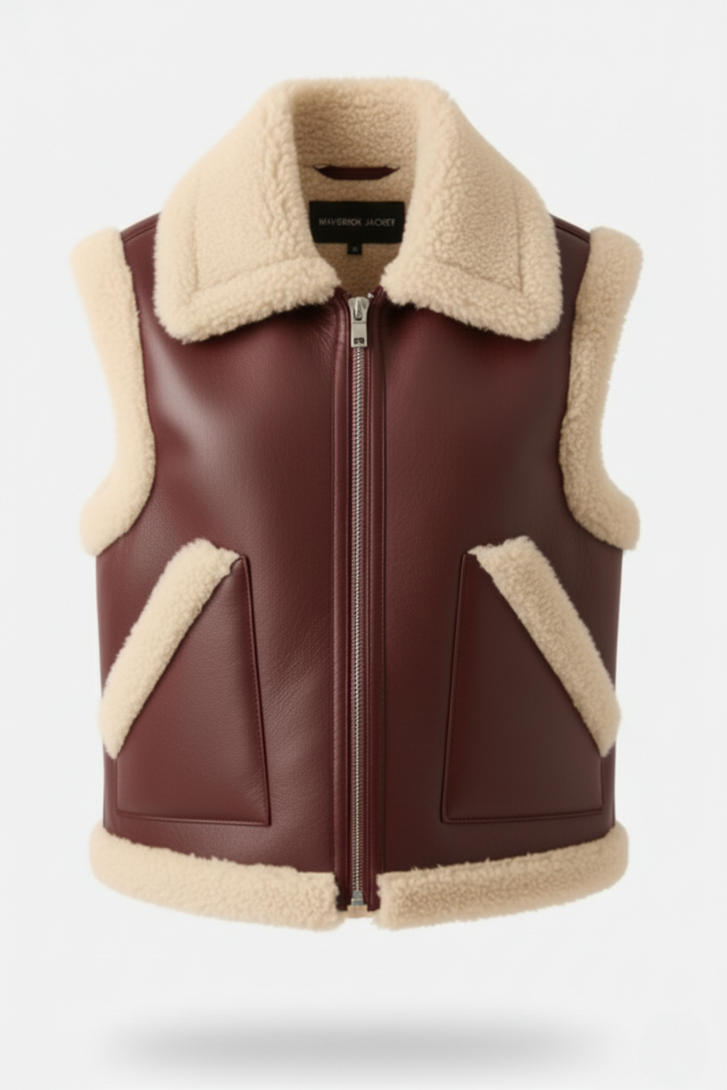 Women's burgundy shearling vest with cream wool trim and front patch pockets, Front View. The Clara by Maverick Jacket.