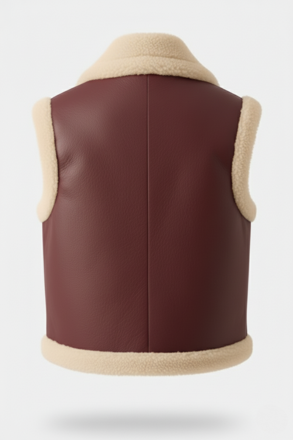 Rear view of burgundy shearling vest showing vertical center seam and thick cream hem. The Clara by Maverick Jacket.