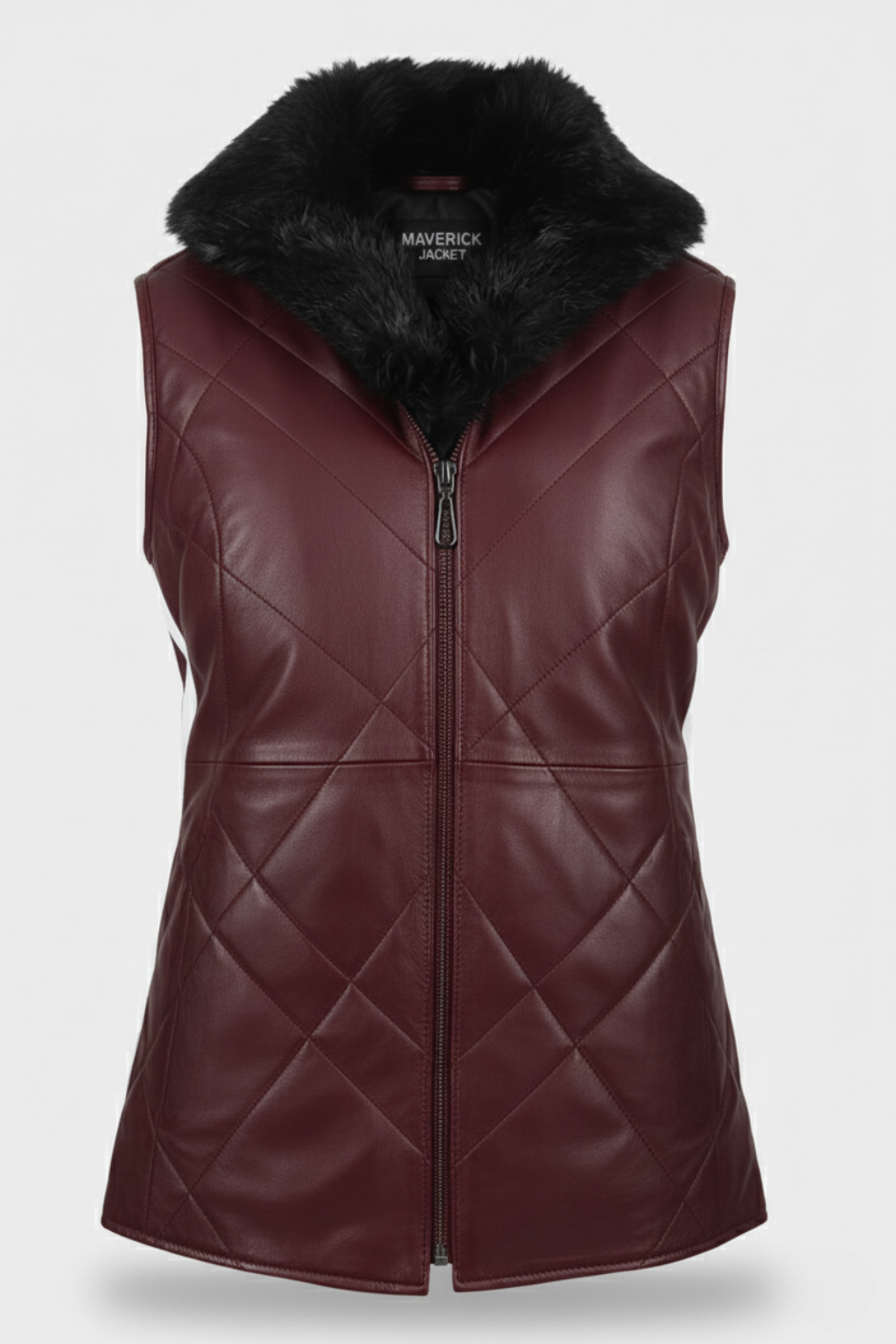 Women's burgundy quilted leather vest with black fur collar and diamond stitching, Front View. The Isabelle by Maverick Jacket.