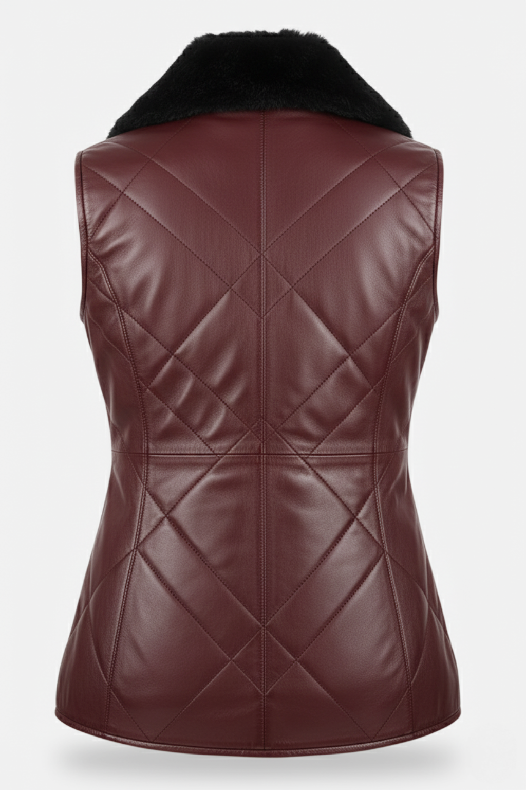 Rear view of burgundy quilted leather vest showing symmetric diamond quilting and vertical center seam. The Isabelle By Maverick Jacket.