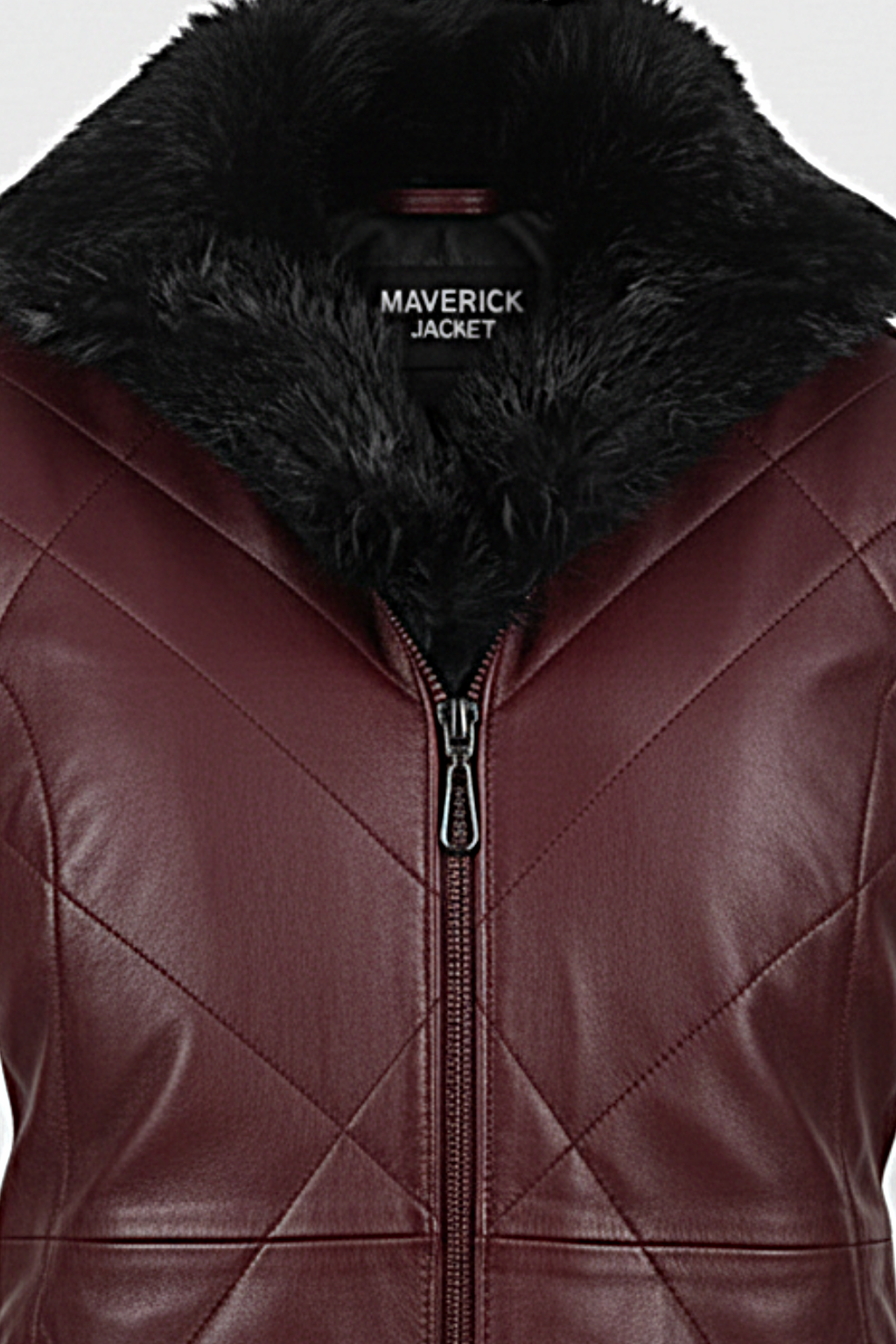 Macro shot of burgundy diamond quilted leather texture and black fur collar detail on vest. The Isabelle By Maverick Jacket.