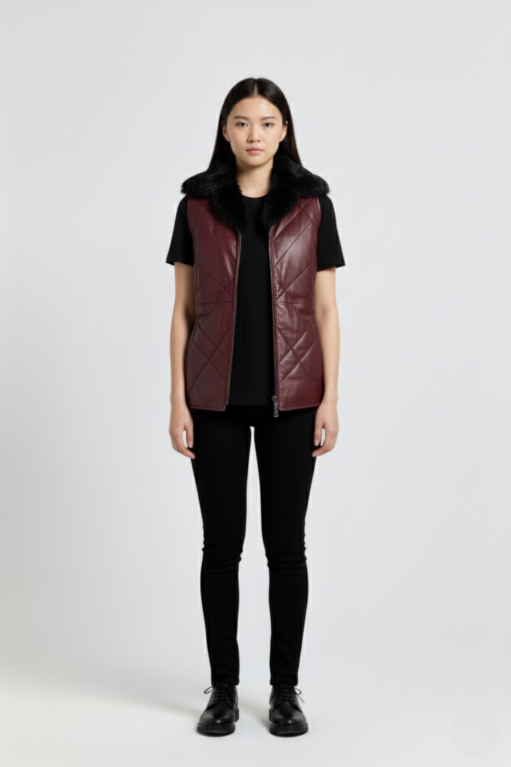 Female model wearing Maverick Isabelle quilted vest, fitted silhouette, styled with black t-shirt and black skinny trousers. Maverick Jacket.