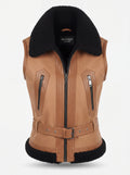 Women's tan shearling biker vest with black fur collar and adjustable waist belt, Front View. The Valentina by Maverick Jacket.