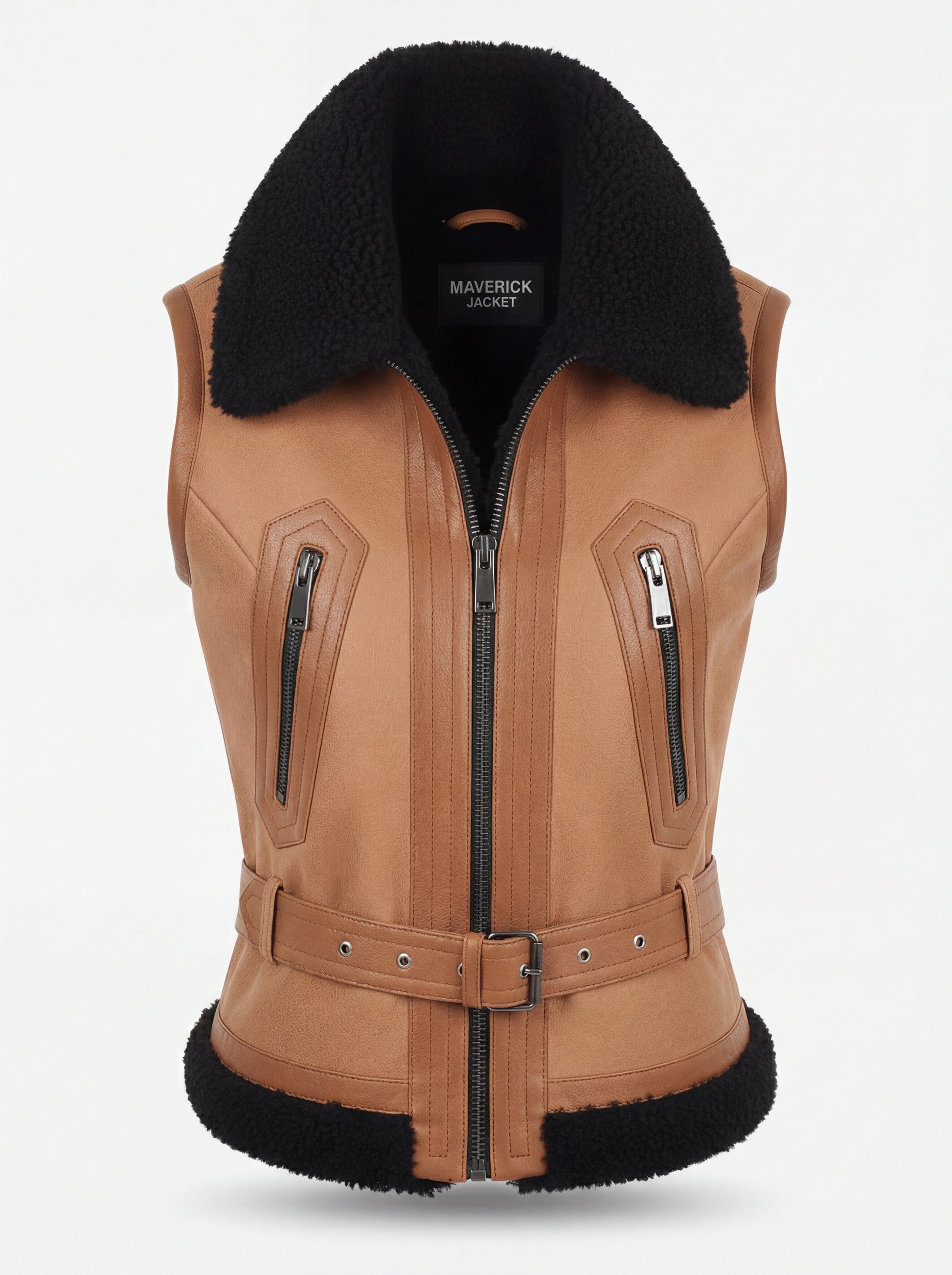 Women's tan shearling biker vest with black fur collar and adjustable waist belt, Front View. The Valentina by Maverick Jacket.