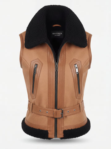 Women's tan shearling biker vest with black fur collar and adjustable waist belt, Front View. The Valentina by Maverick Jacket.