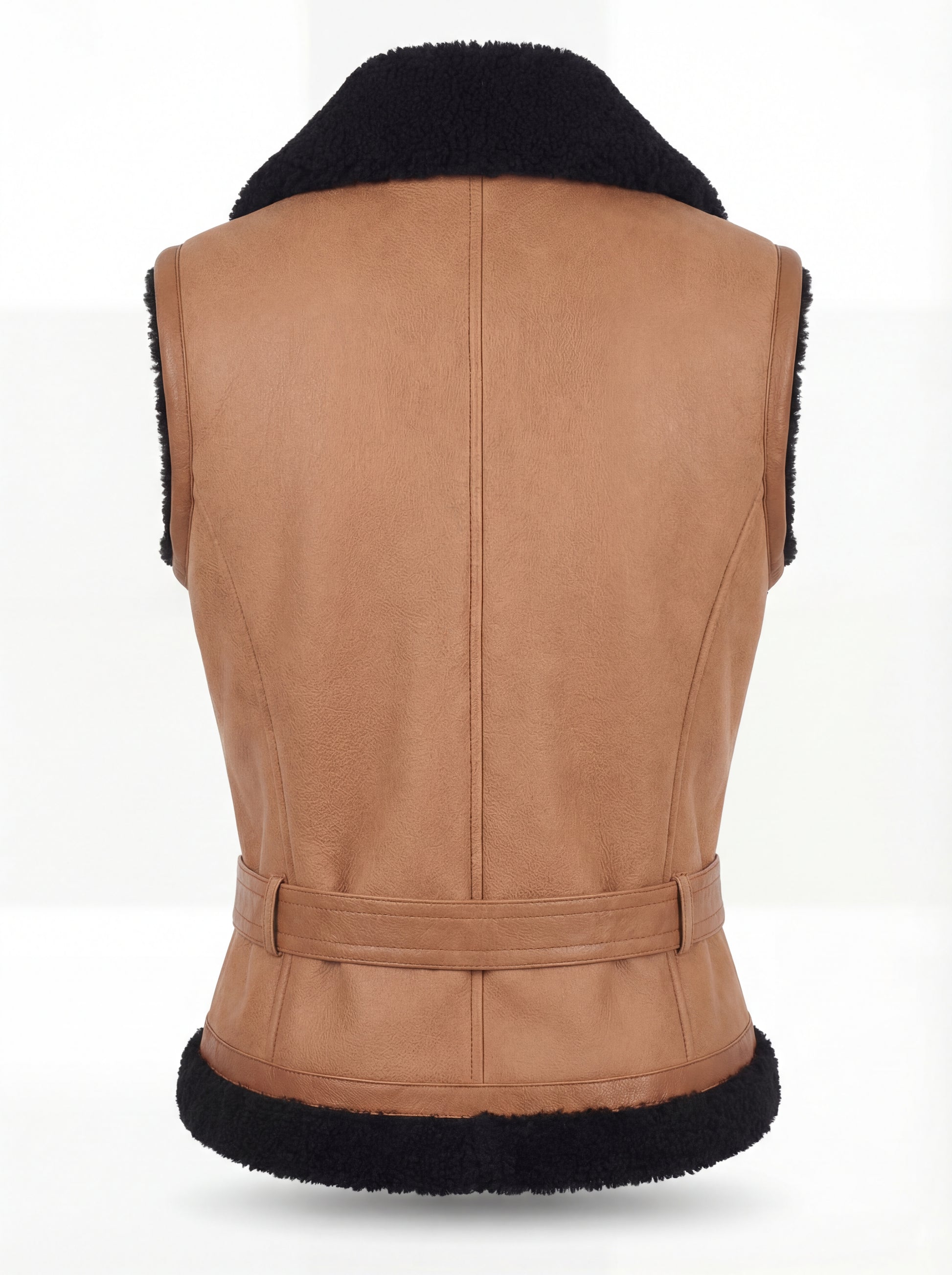 Rear view of tan shearling biker vest showing vertical center seam and black fur hem trim. The Valentina by Maverick Jacket.