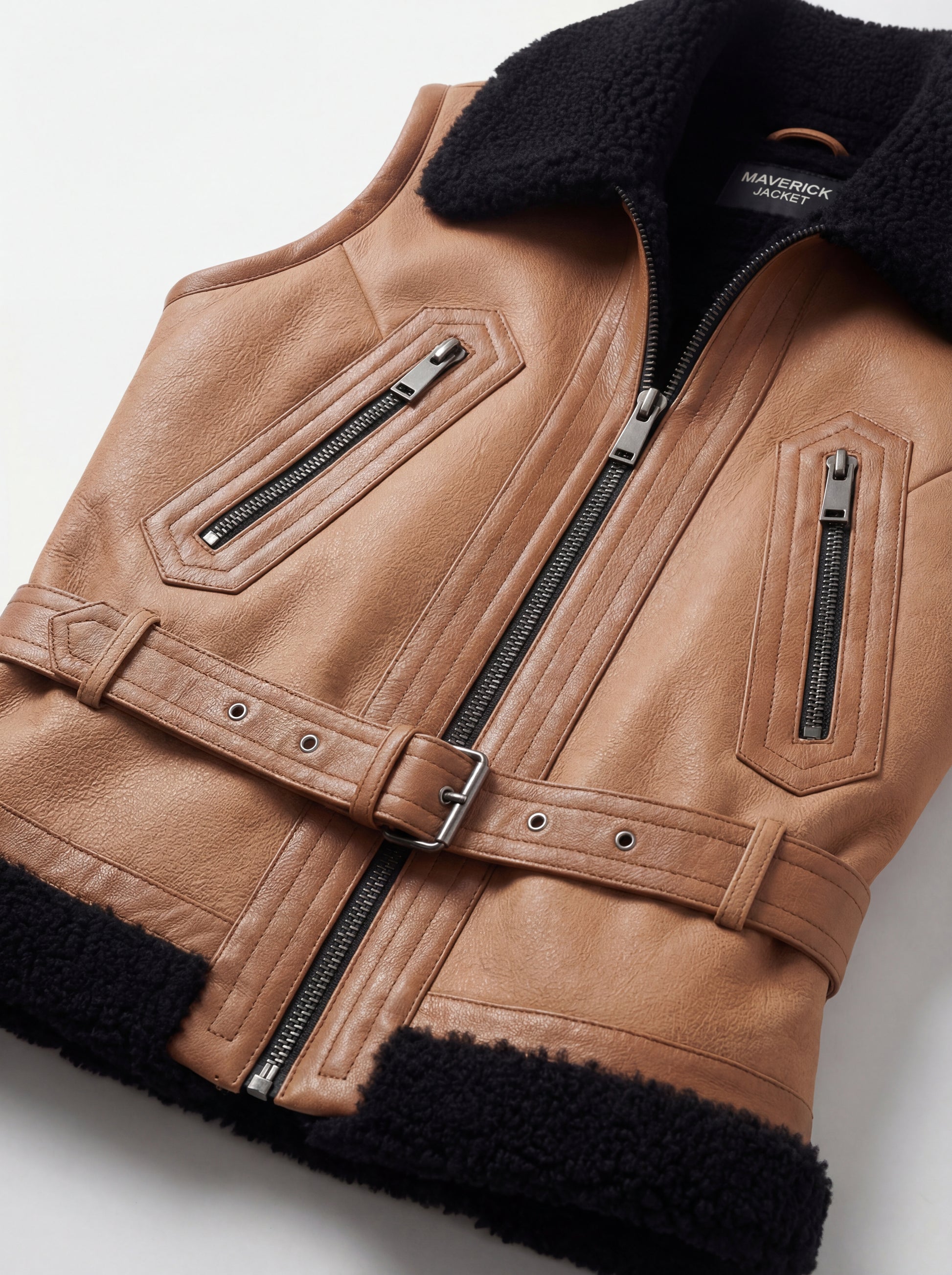 Macro shot of tan leather texture and heavy-duty silver zipper hardware on biker vest. The Valentina by Maverick Jacket.