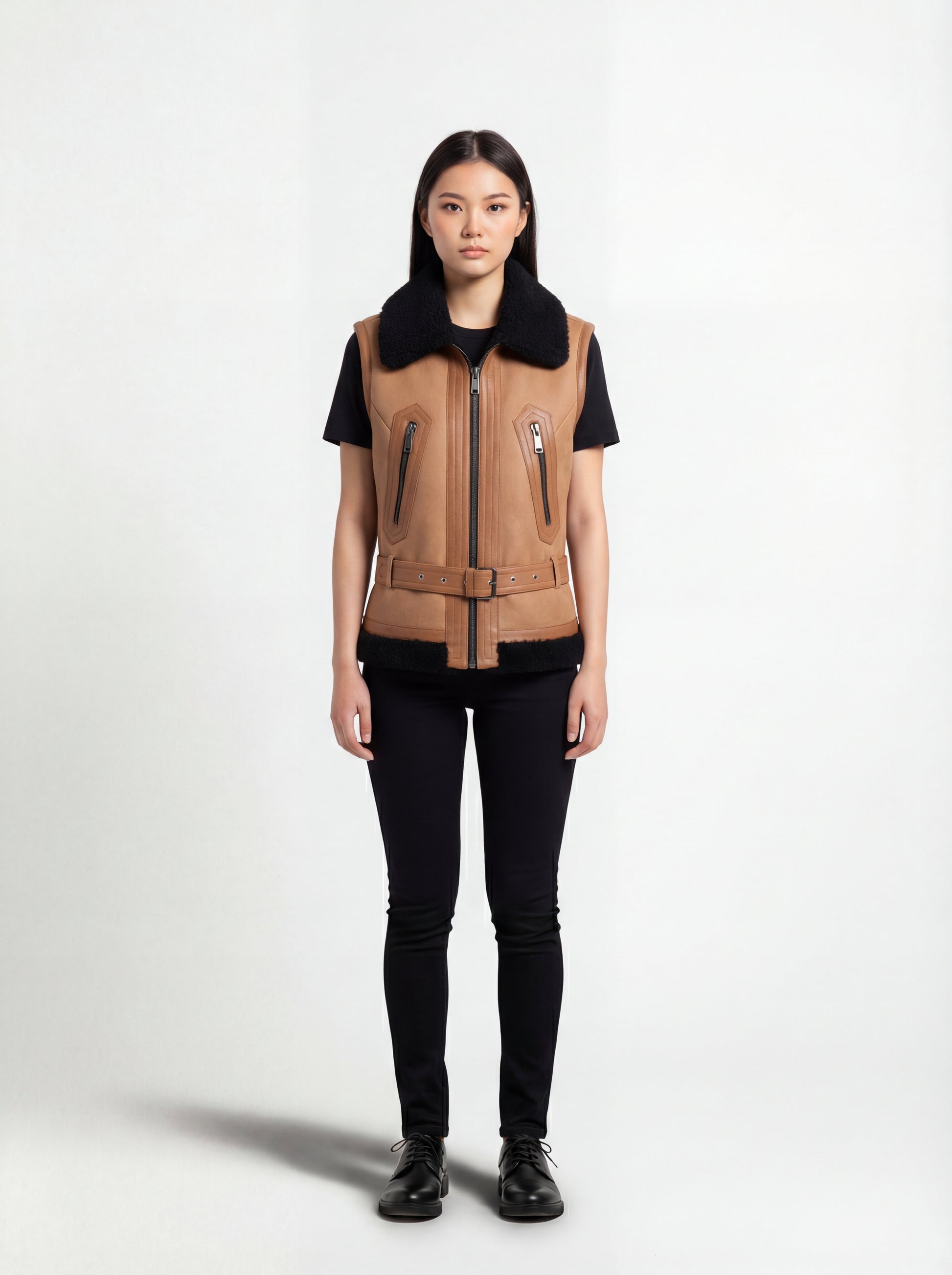 Female model wearing Maverick Valentina shearling vest, tailored fit, styled with black t-shirt and black skinny jeans. Maverick Jacket.