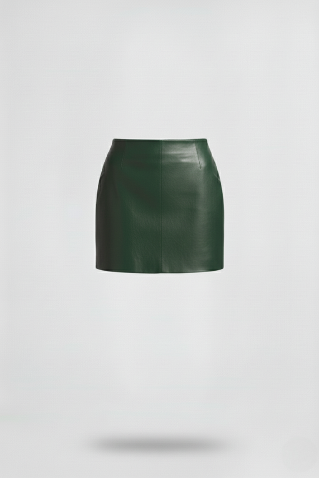 Women's green leather mini skirt with high waist fit and vertical paneling seams, Front View. The Orla by Maverick Jacket.