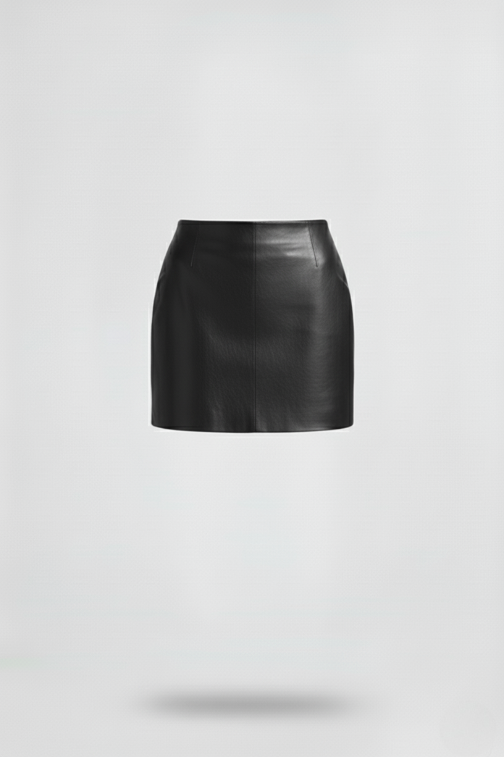 Women's black leather mini skirt with high waist fit and vertical paneling seams, Front View. The Orla by Maverick Jacket.