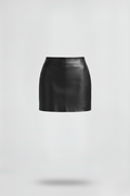 Women's black leather mini skirt with high waist fit and vertical paneling seams, Front View. The Orla by Maverick Jacket.