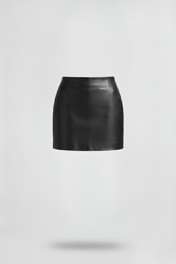 Women's black leather mini skirt with high waist fit and vertical paneling seams, Front View. The Orla by Maverick Jacket.
