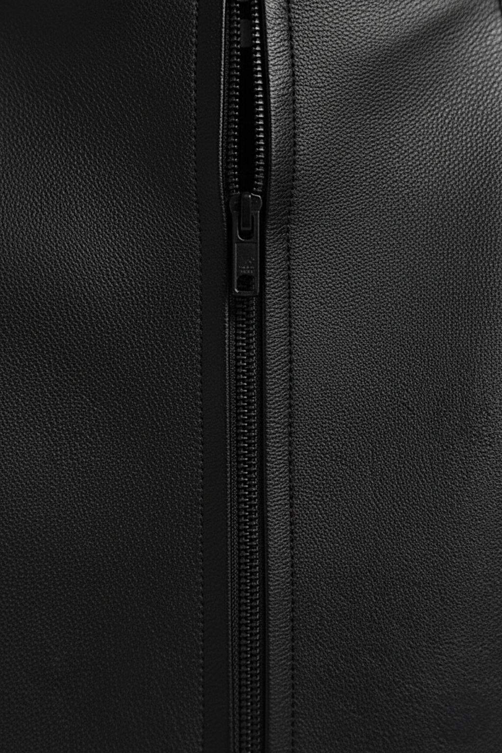 Women's black leather mini skirt with high waist fit and vertical paneling seams, Front View. The Orla by Maverick Jacket.