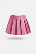 Women's pink leather pleated skirt with high waist design and sharp knife pleats, Front View. The Poppy by Maverick Jacket.
