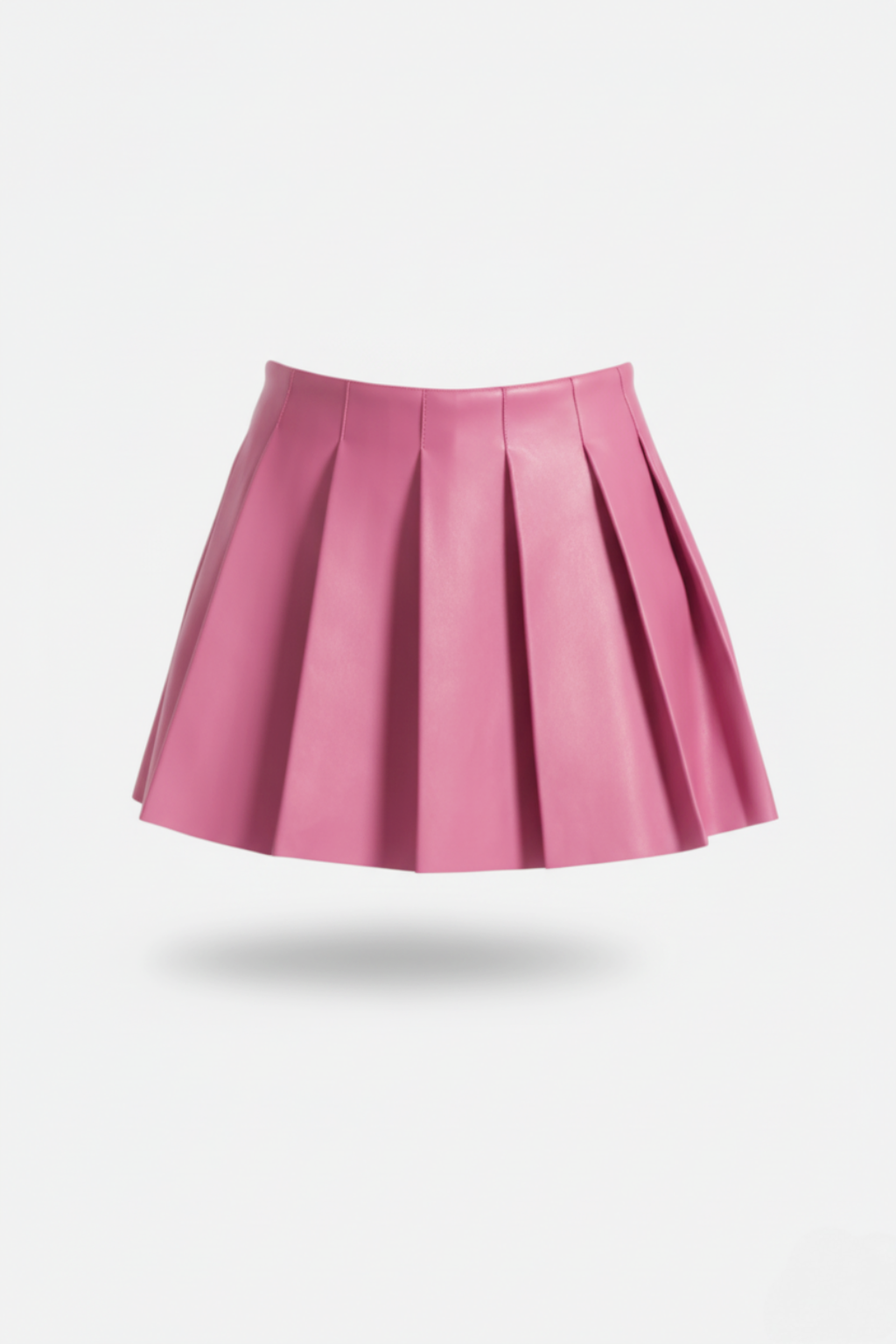 Women's pink leather pleated skirt with high waist design and sharp knife pleats, Front View. The Poppy by Maverick Jacket.