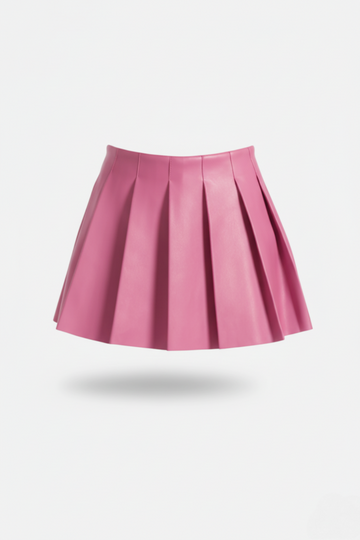 Women's pink leather pleated skirt with high waist design and sharp knife pleats, Front View. The Poppy by Maverick Jacket.