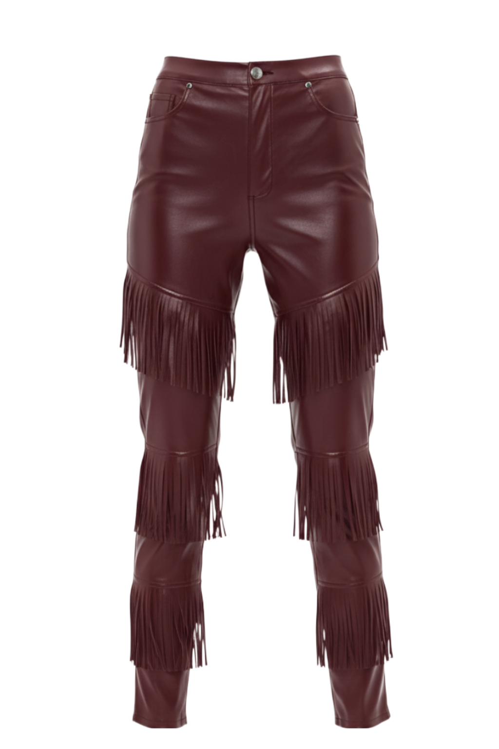 Women's burgundy leather fringe pants with three tiers of long fringe on the legs, Front View. The Stevie by Maverick Jacket.
