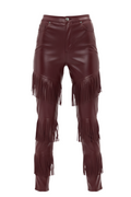 Women's burgundy leather fringe pants with three tiers of long fringe on the legs, Front View. The Stevie by Maverick Jacket.