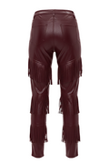 Rear view of burgundy leather fringe pants showing rear patch pockets and continuous wrap-around fringe tiers. The Stevie by Maverick Jacket.