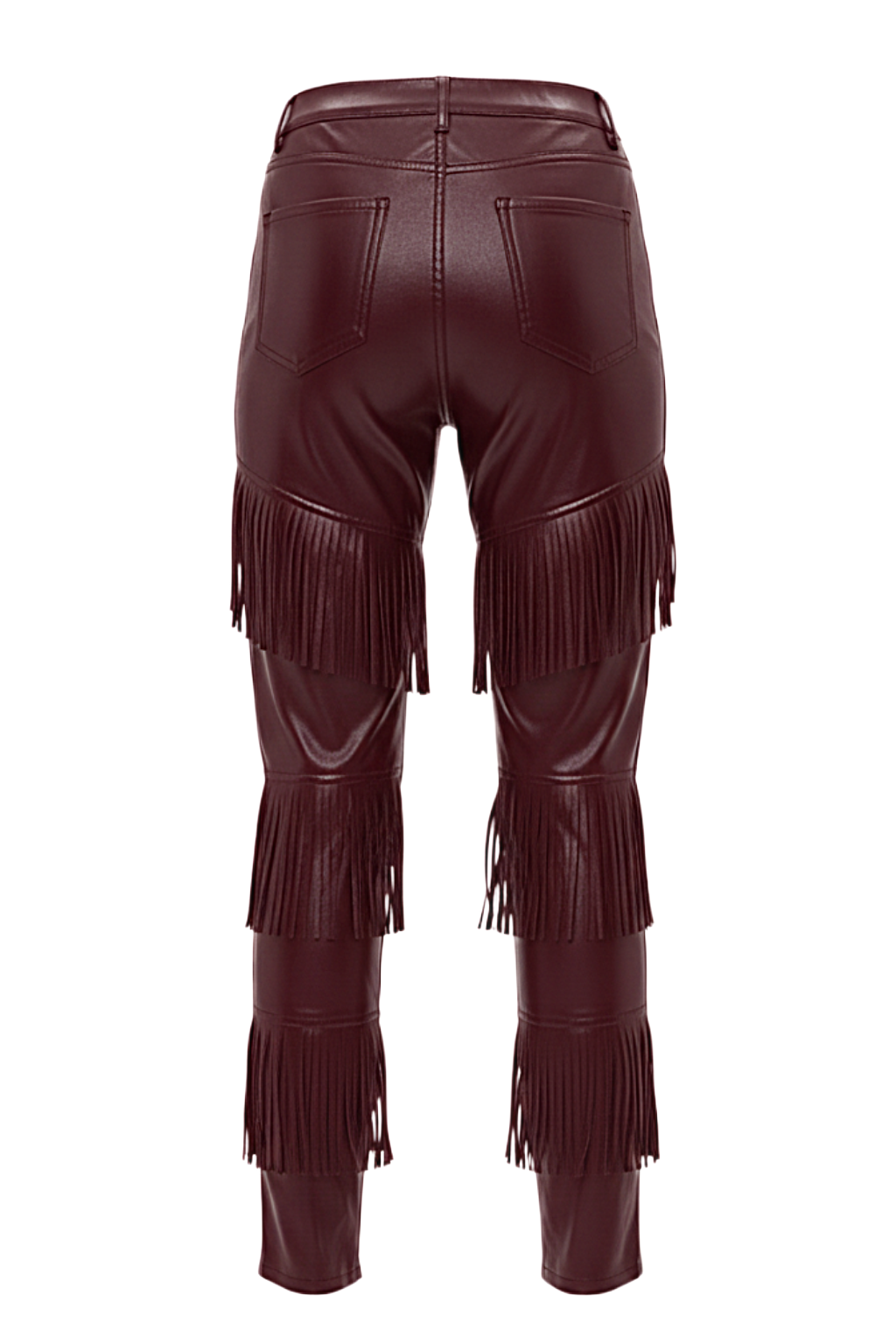 Rear view of burgundy leather fringe pants showing rear patch pockets and continuous wrap-around fringe tiers. The Stevie by Maverick Jacket.