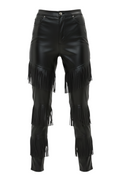 Women's black leather fringe pants with three tiers of long fringe on the legs, Front View. The Stevie by Maverick Jacket.
