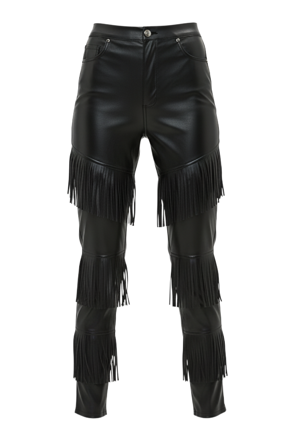 Women's black leather fringe pants with three tiers of long fringe on the legs, Front View. The Stevie by Maverick Jacket.