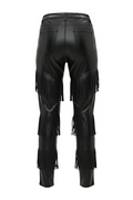 Rear view of black leather fringe pants showing rear patch pockets and continuous wrap-around fringe tiers. The Stevie by Maverick Jacket.